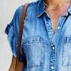 Ladies Dress Button Pocket Short Sleeve Lapel Solid Color Daily Wear Single-breasted Side
