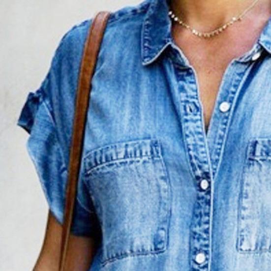 Ladies Dress Button Pocket Short Sleeve Lapel Solid Color Daily Wear Single-breasted Side