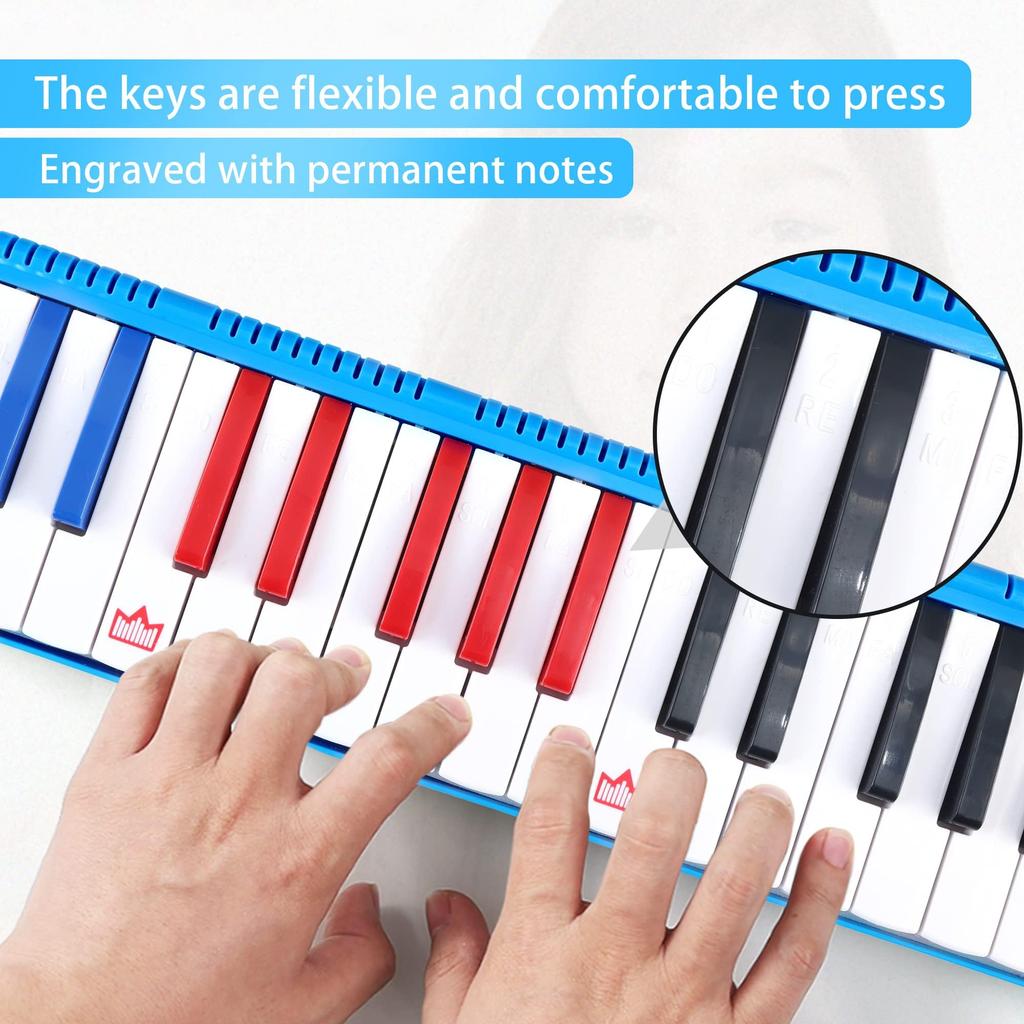 East Top 32-Key Keyboard Harmonica for Elementary School Students, Lightweight, with Melody Piano Hose, Standing Play, and Case (Blue)