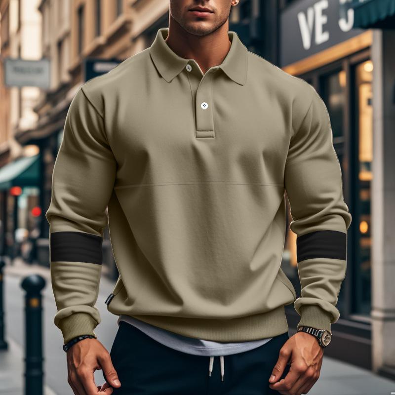Retro-Herren-T-Shirt mit robustem Reverskragen und Krawattenknopf für Herbst und Winter, locker geschnitten, mit Farbblockmuster, große Größen, langärmlig