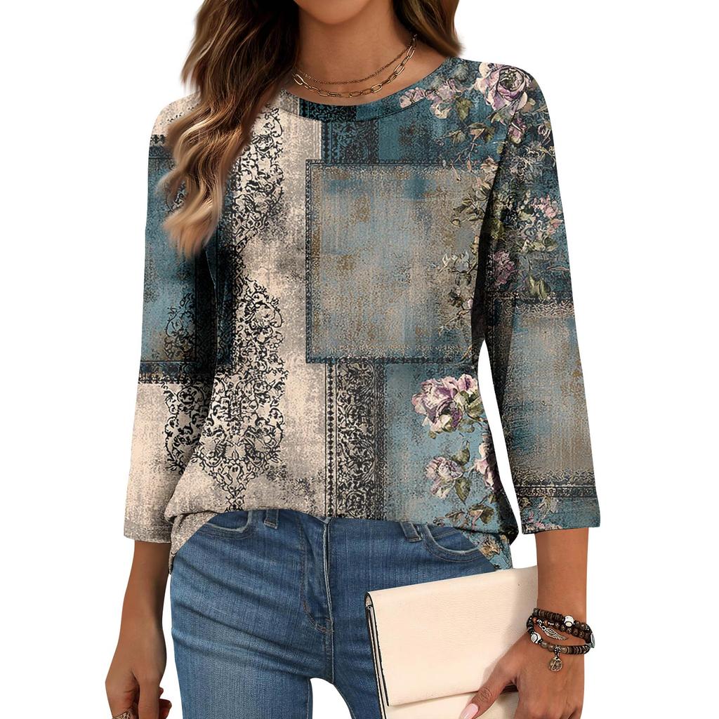 Trendy Vintage 3/4 Sleeve Top For Women,Ladies Casual Three Quarter Sleeve Round Collar Printed T-Shirt Blouse