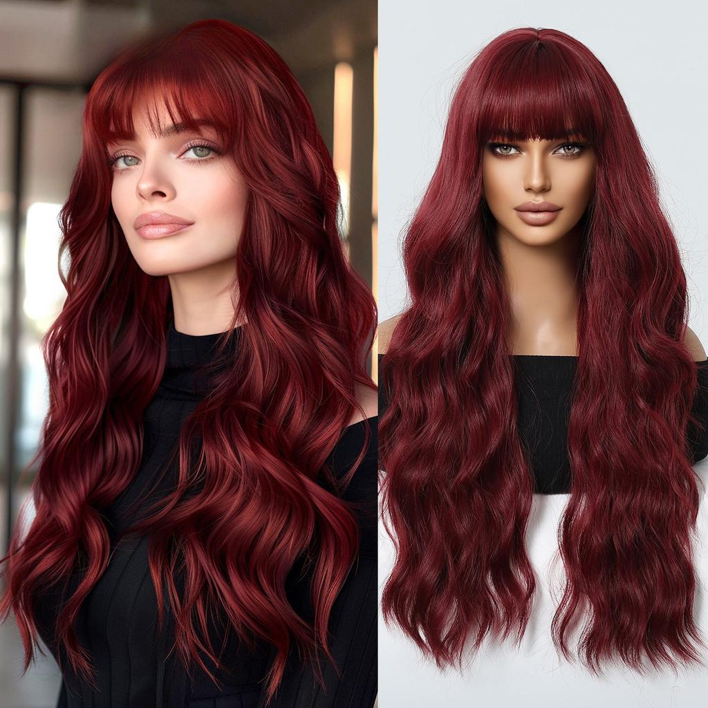 Style Burgundy, Big Waves With Bangs And Waist Length, Curly Hair Temperament, Fashionable Wig, Full Hair Wigs.