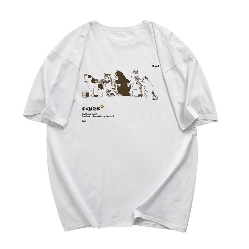 Ekte foto søt katt trykt overdimensjonert ren bomull kvinner pluss T-skjorte rund hals kort t-skjorte