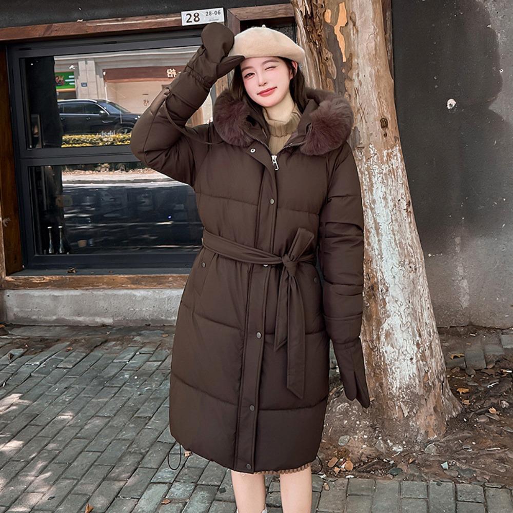 Down Cotton Clothes Women's Medium Length Over the Knee Korean Version Waist Large Fur Collar Thickened Warm Hooded Jacket
