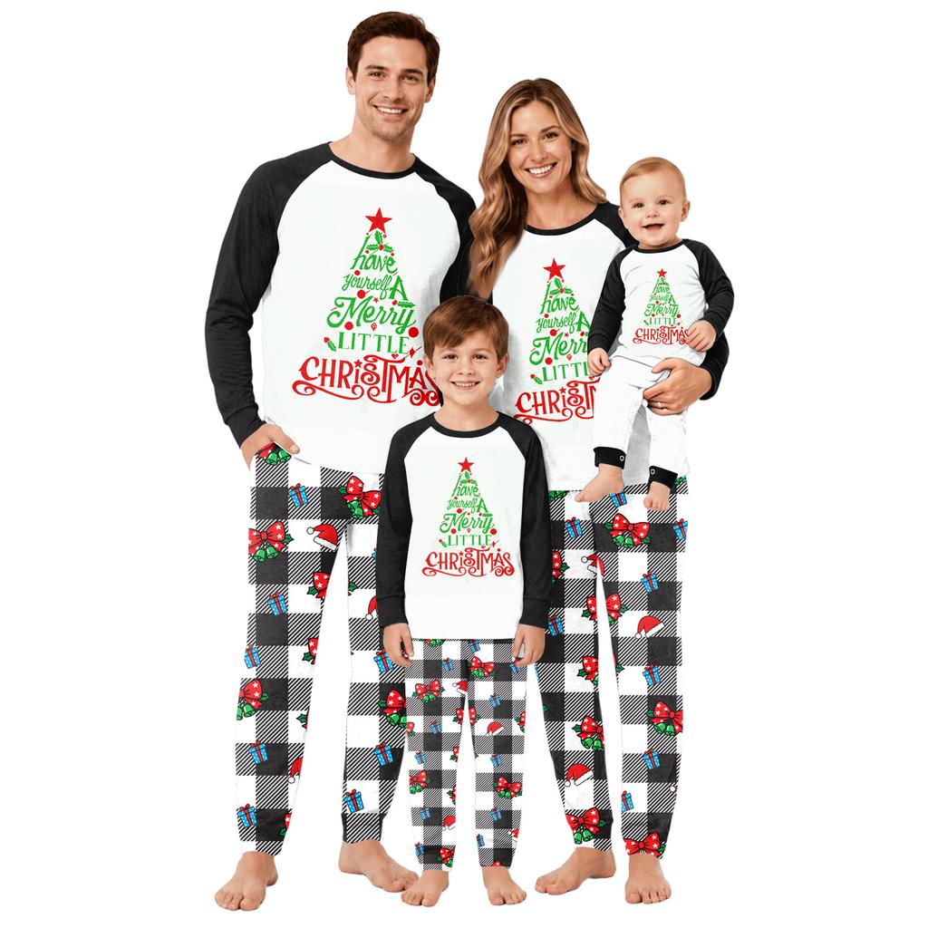 Matching Family Christmas Pajamas Set Long Sleeve Top and Pants Patchwork Print Wear