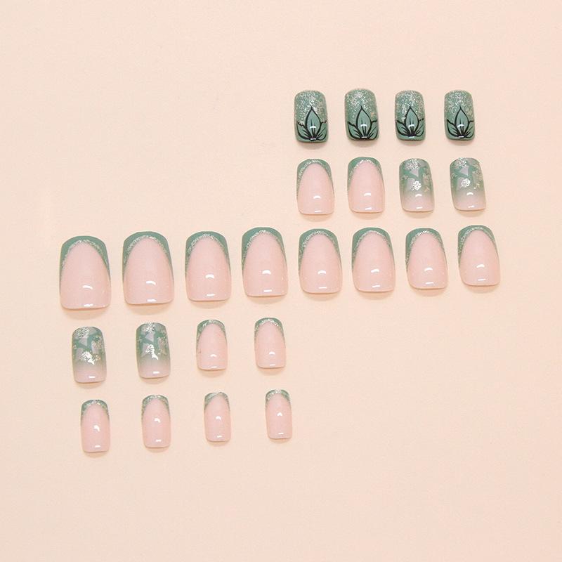 24 Pieces Nail Art Piece Bamboo Cyan Wearing Nail Piece National Style French Fine Flash Detachable Nail Art Piece False Nails