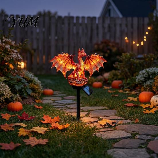 Atmospheric Night Garden Decor Dragon Solar Light, Fantasy Yard Stake, Waterproof Resin Decorations Statue Pathway Light for Lawn Patio Automatic