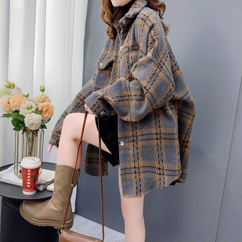 Shirt Jacket Women Plaid Large Size Loose Long-sleeved Versatile Buttons Jacket