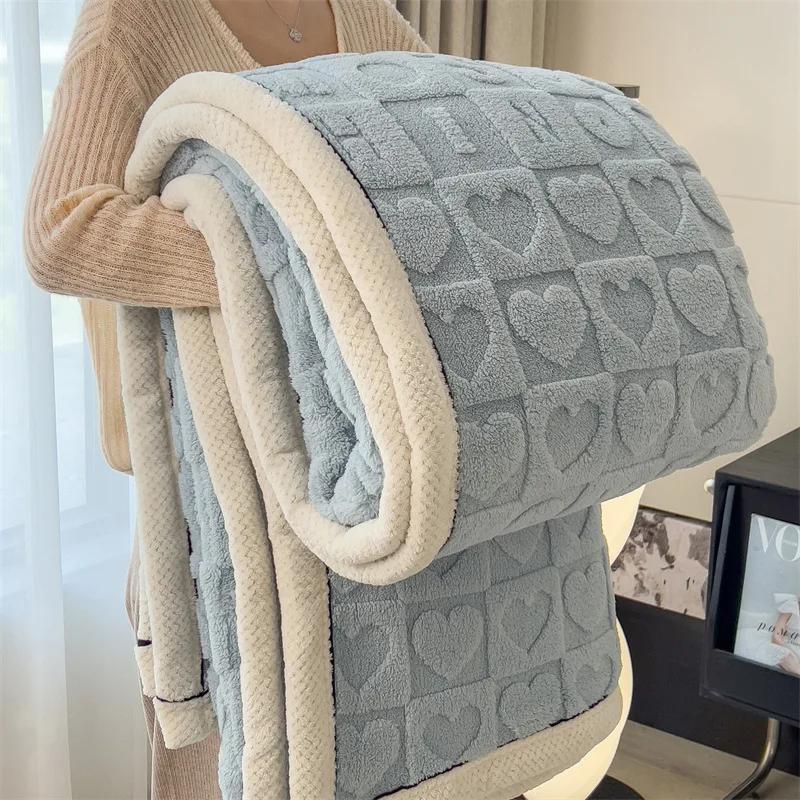 Knitted Heart Pattern Warm Throw Blankets Winter Soft Comfortable Double Sided Plush Thick Coral Velvet Blanket For Bed Safa