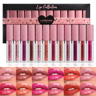 12pçs conjunto de brilho labial, batom brilhante, caixa de presente para mulheres, durável, à prova d'água, não é fácil de cair, maquiagem