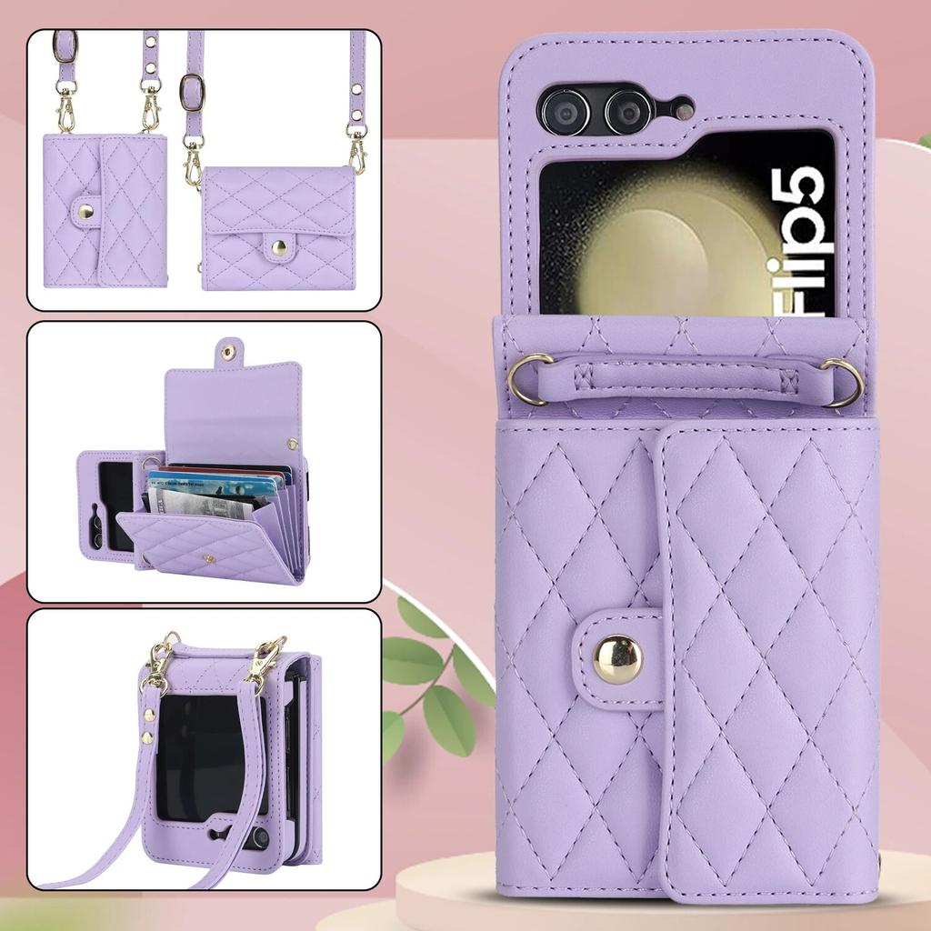 Fashion Leather Phone Case for Samsung Galaxy Z Flip 5 4 3 5G with Long Lanyard Wallet Card Slot Silicone Protect Cover