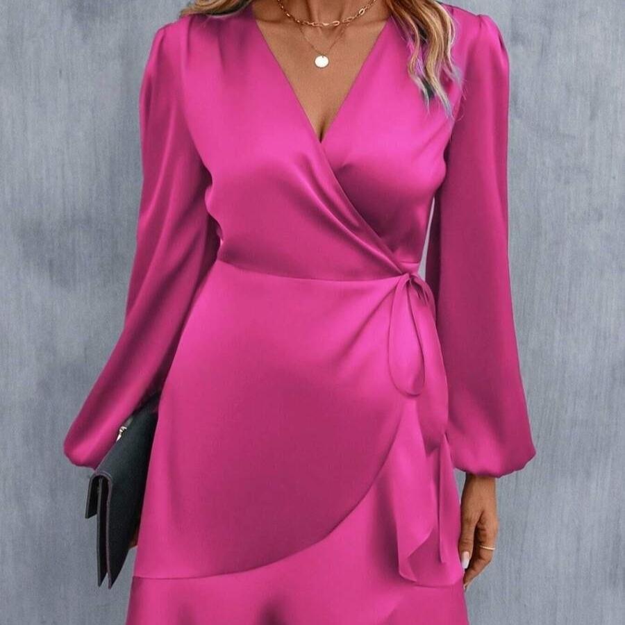 

Платье с V-образным вырезом, атласная талия, низкий вырез, повседневная юбка средней длины XS розовый