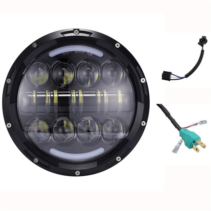 Pair 7'' 80W 6000LM Round Black Cree LED Headlight High Low Beam with Yellow & White Angel Eye for Harley Jeep Wrangler JK TJ LJ CJ Hummber H1 H2