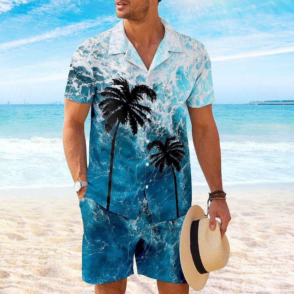 Men's Summer Sets Coconut Tree 3D Print Short Sleeve Tops +Shorts 2 Piece Hawaiian Beach Vacation Shirt Suit Fashion Men Outfit