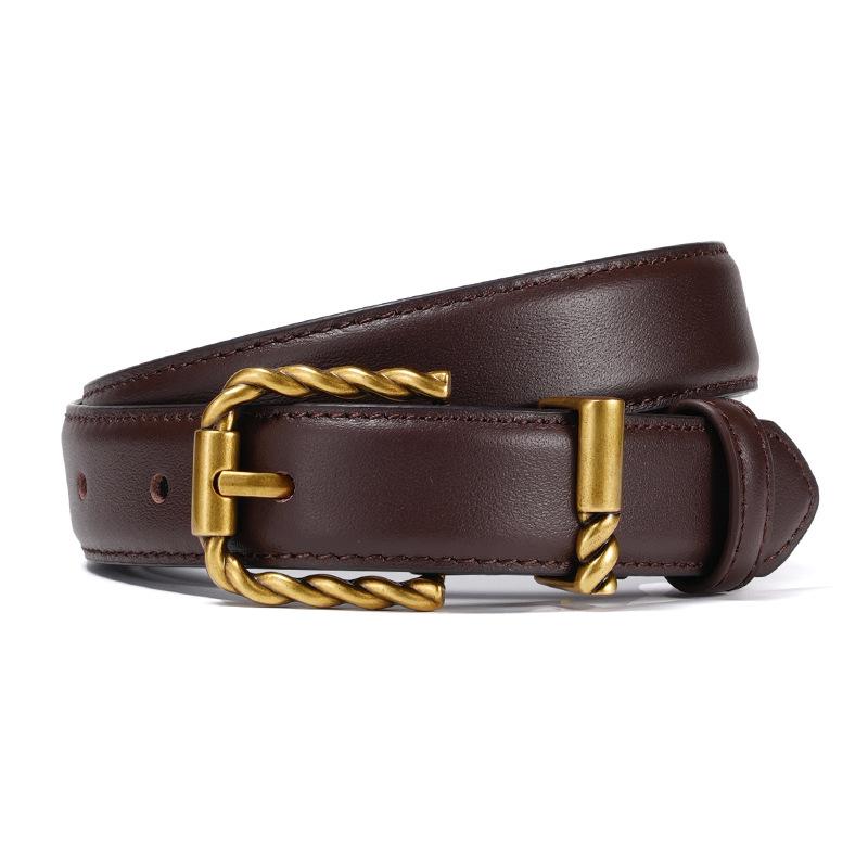 New Twist Buckle Leather Women's Belt, Retro Design First Layer Cowhide Needle Buckle with Jeans Pants Belt