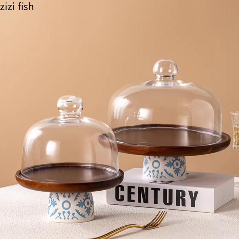 Ceramic Base Wooden Cake Tray High Footed Dessert Plate Cake Stand Display Cover Dim Sum Dish Pastry Plate Fruit Plates Bowl