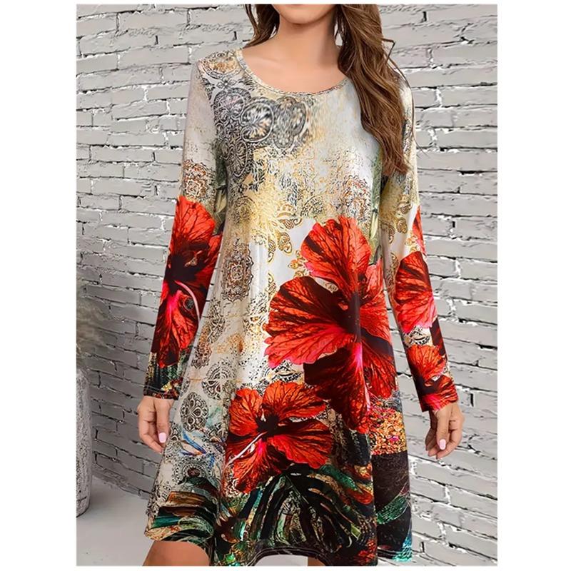 Vintage Floral Print Dress Autumn Long Sleeved Round Neck Casual A-line Dress Lady Retro Elegance Dress