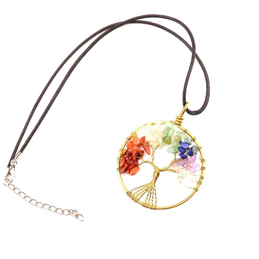 Color-Preserving Gold Hand-Wrapped Natural Crystal Gravel Tree Of Life Necklace Fortune Tree Necklace N47