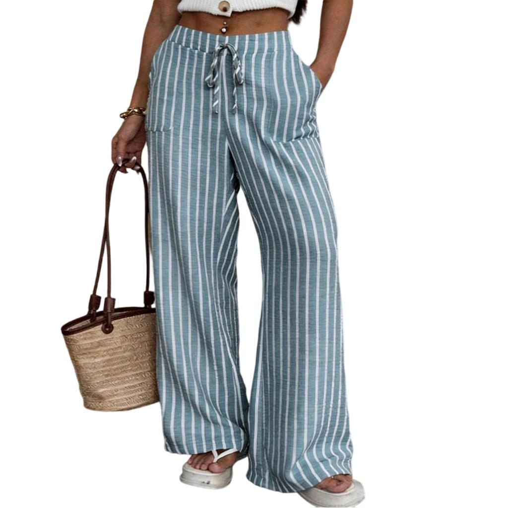 Pantalon Décontracté pour Femme Coupe Ample Jambes Larges Taille à Cordon Motif Rayures Verticales Ceinture Élastique Pantalon Léger Confortable
