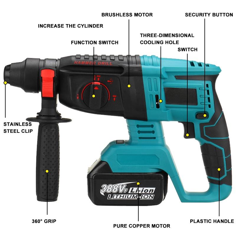 10pcs 0-6200rpm Rechargeable Cordless Rotary Hammer Impact Drill Brushless Electric Hammer Drill Perforator for 388VF 18V Battery