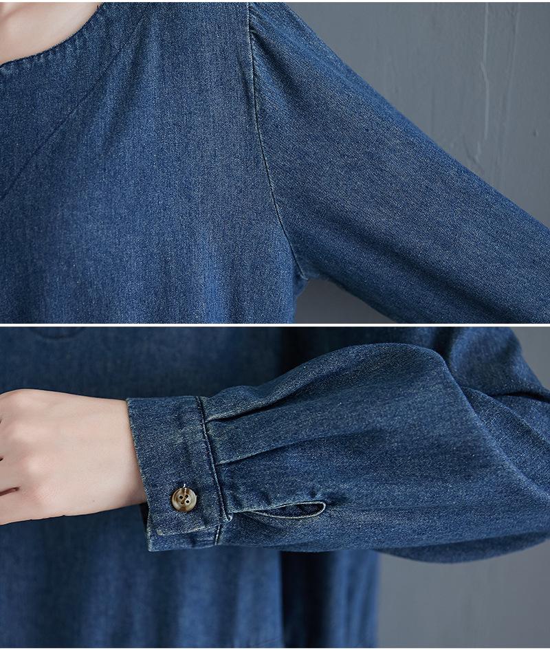 Vestido Jeans Retrô Tamanho Plus Size Primavera 2021 de Comprimento Médio com Mangas Compridas