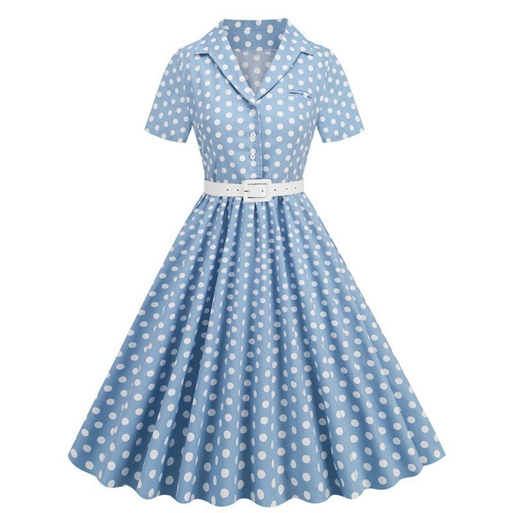 Damen Lapel Kurzarm Maxikleid A-Linie Mittlere Taille Gepunktetes Schwingkleid Vintage Freizeitkleid Mit Gürtel