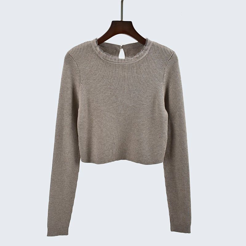 Export Cut Label Autumn Short Long Sleeves Knitting Sweater Soft Stretch Pullover Tops Lace Patchwork Women's Bottoming Shirt