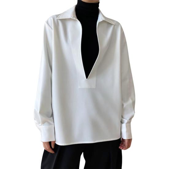 Цветная теплая свободная блузка большого размера с воротником и глубоким однотонным