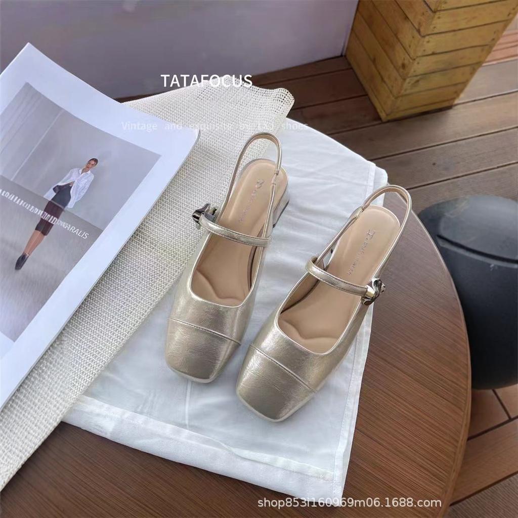 Französisches Temperament quadratischer Kopf Mary Jane Sandalen 2025 Sommer neu schlicht dicker Absatz Ein-Wort-Schnalle Tasche Kopf Sandalen Damen