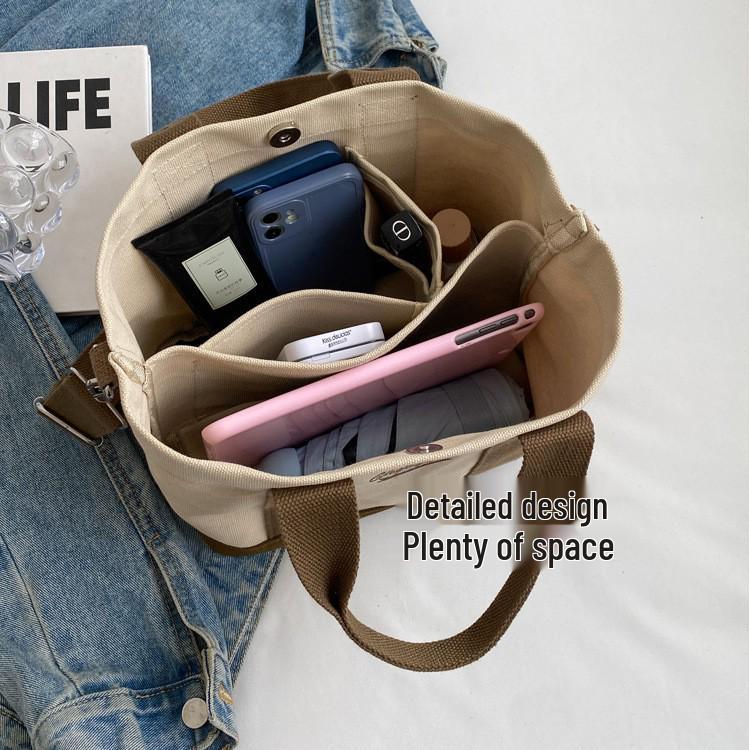 Japanese Color Block Canvas Tote: Lightweight, Large-Capacity, Versatile Handbag for Women - Shoulder or Crossbody Use.