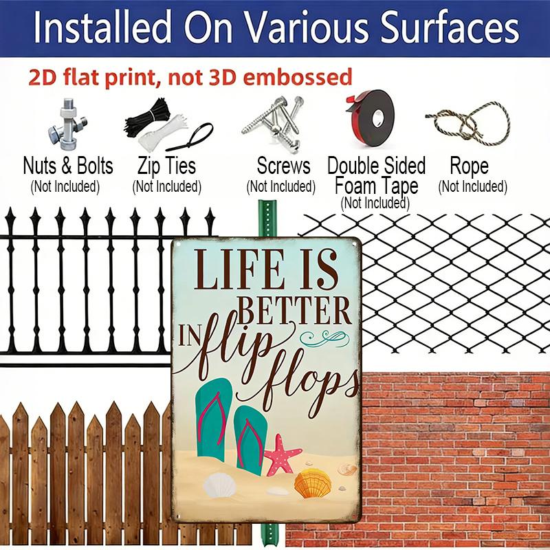 2D Flat "Life Is Better in Flip Flops" Beach Metal Aluminum Sign - Retro Coastal Wall Decor Beach House Decor Coastal Home Decor Summer Wall Art