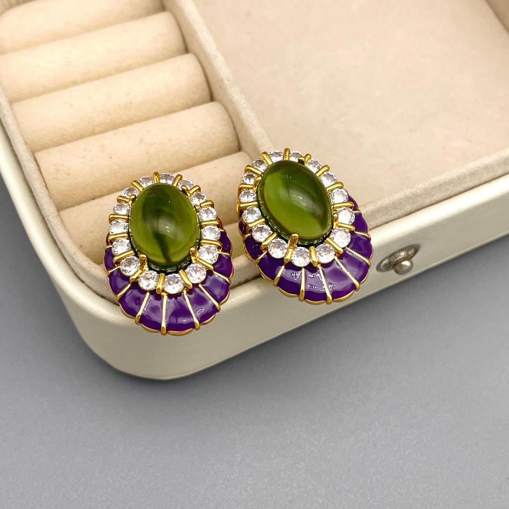 Vintage High-End Zircon Enamel Stud Earrings - Retro Light Luxury Jewelry for Women