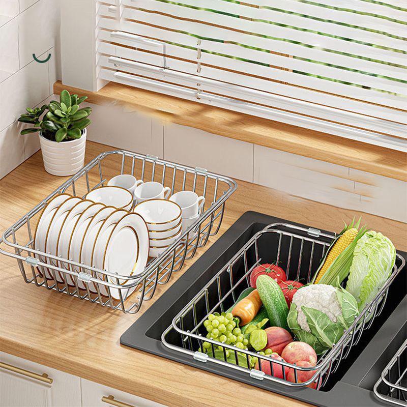 1 Adjustable Stainless Steel Sink Organizer with Anti Slip Drain Basket Space Saving for Kitchen Countertop Storage