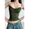 Dames Groene Spaghetti Band Cami Top Gerimpeld Kruis Voorkant Slim Fit Doorzichtig Mouwloos Blouseje
