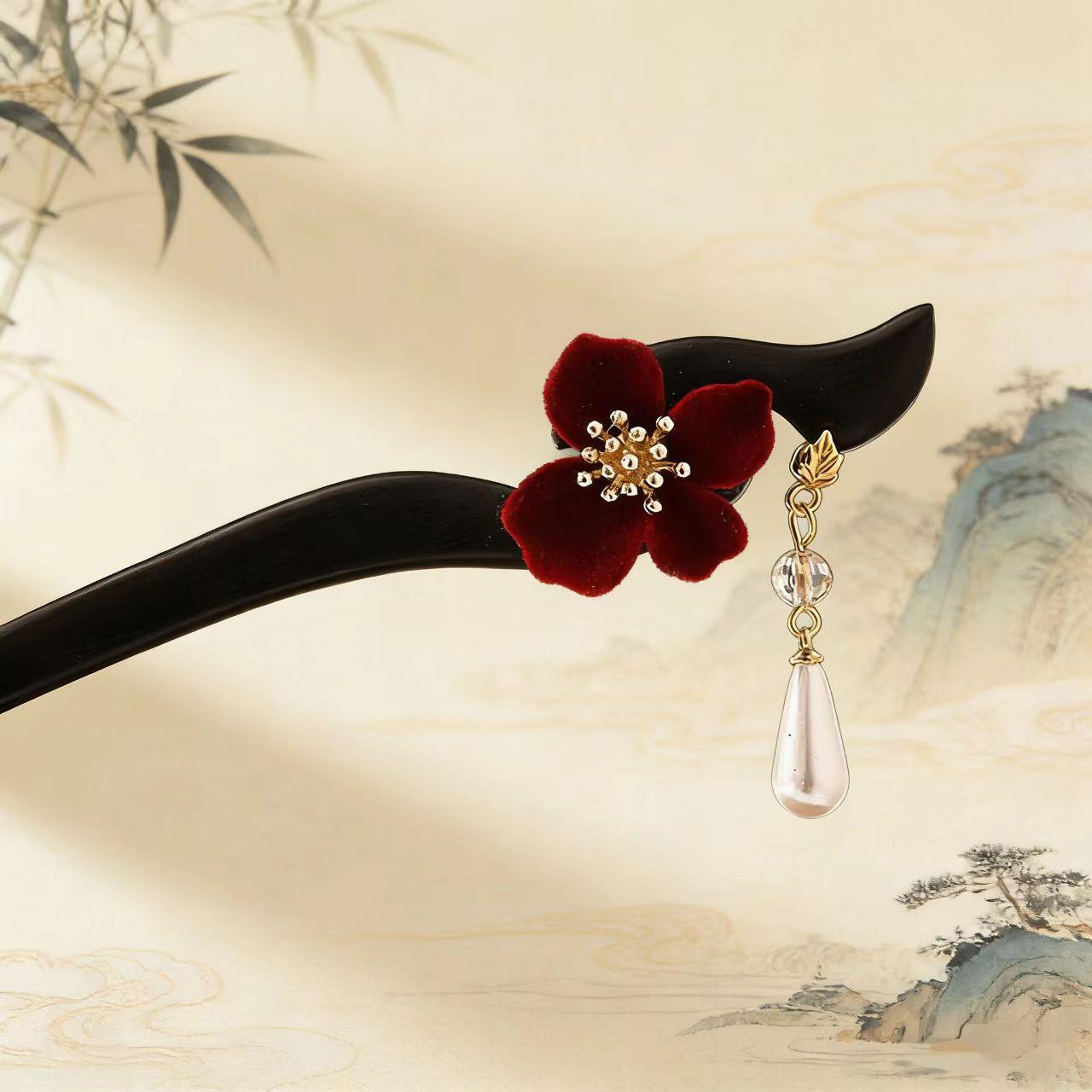 Red Flocked Flower Pearl Pendant Hair Stick, Vintage Style Trendy Accessory with High-End Luxury Feel