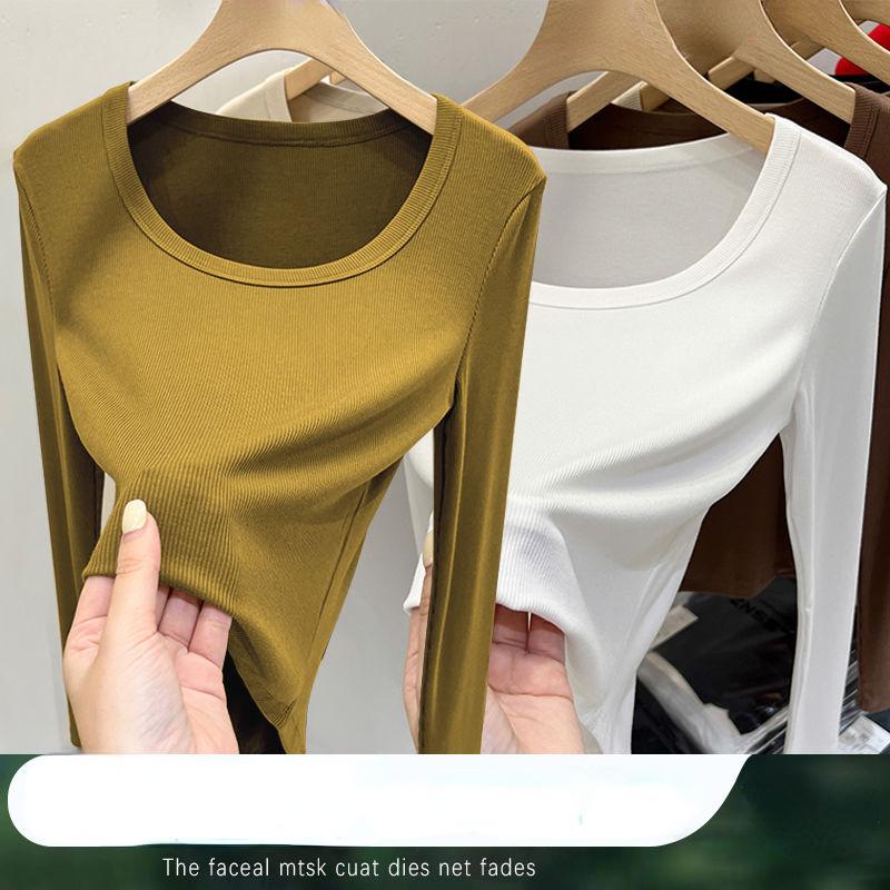 Neues Textur U-Ausschnitt Langarm T-Shirt Damen Geripptes Baumwoll-Basisshirt