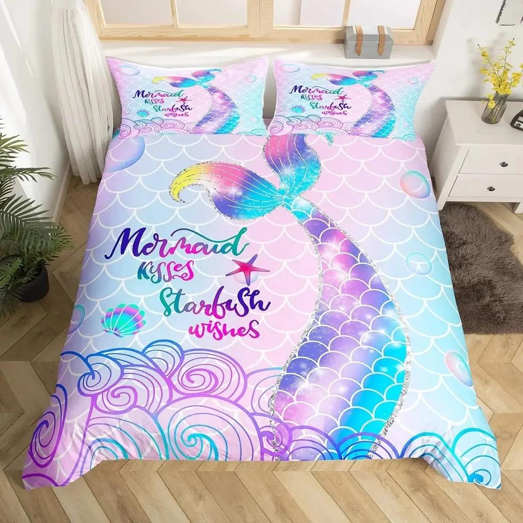 Mermaid Tail Fish Scales Girly Shell Starfish Comfortable Duvet Quilt Cover Pillowcase Bedding Set Children Bedroom Home Textile