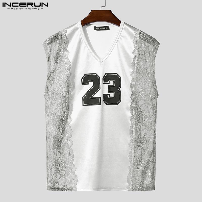 INCERUN Men V Neck Sleeveless Lace Hem Letter Patchwork Casual Tank Tops Undershirts