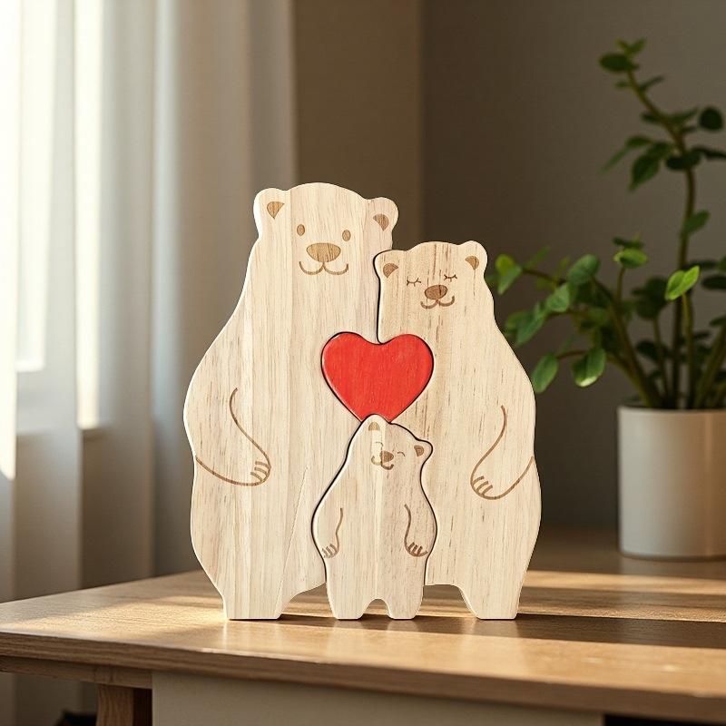 Creative Wooden Mother and Bear Puzzle Ornament, Warm Family Set, Laser Engraved Solid Wood Crafts