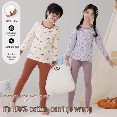 Kids' Warm Cotton Pajamas: Mid-Neck Shirts & Trousers for Boys & Girls