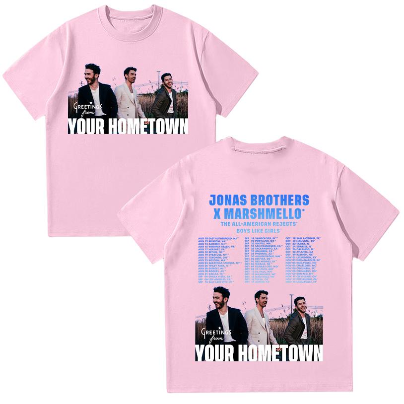 

Джонас 20 Привет из твоего родного города Тур Футболка Jonas Brothers Винтажный Мерч группы Новинка Футболки Хлопок Летняя Футболка Унисекс L розовый