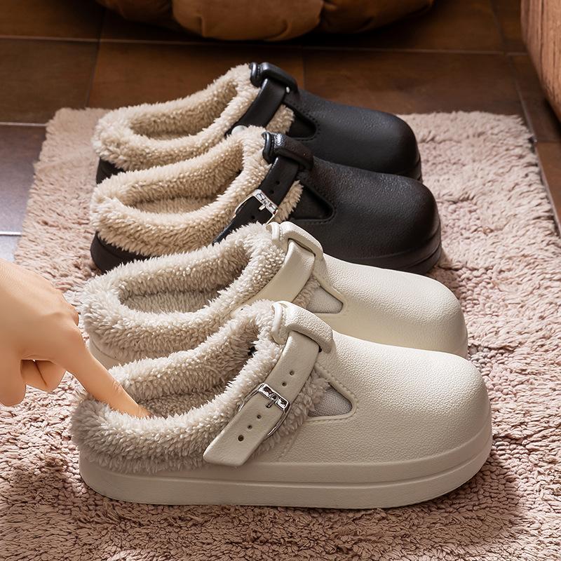 Waterproof cotton slippers Home autumn and winter velvet cotton shoes Indoor and outdoor cotton towing belt buckle Warm platform shoes