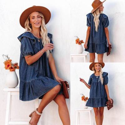 Damen Casual lockeres Jeanskleid mit Rüschen - Rundhals Rüschensaum Kurzes Minikleid