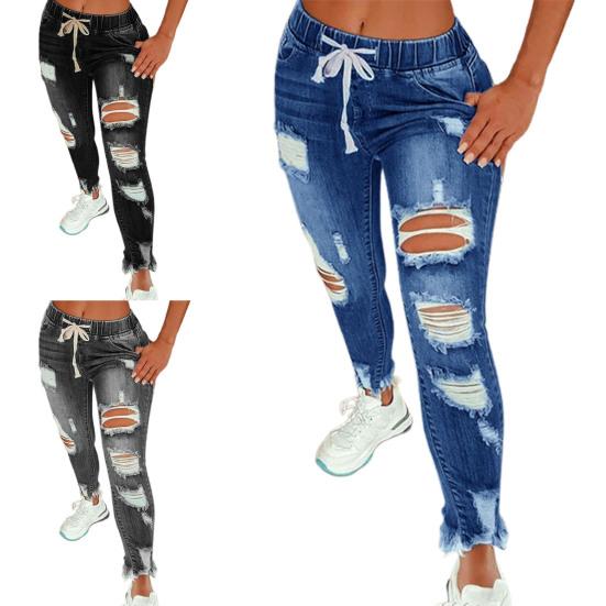 Móda Dámské Elastické Stahovací Šňůrky Dírky Dlouhé Džínové Kalhoty Rande Streetwear