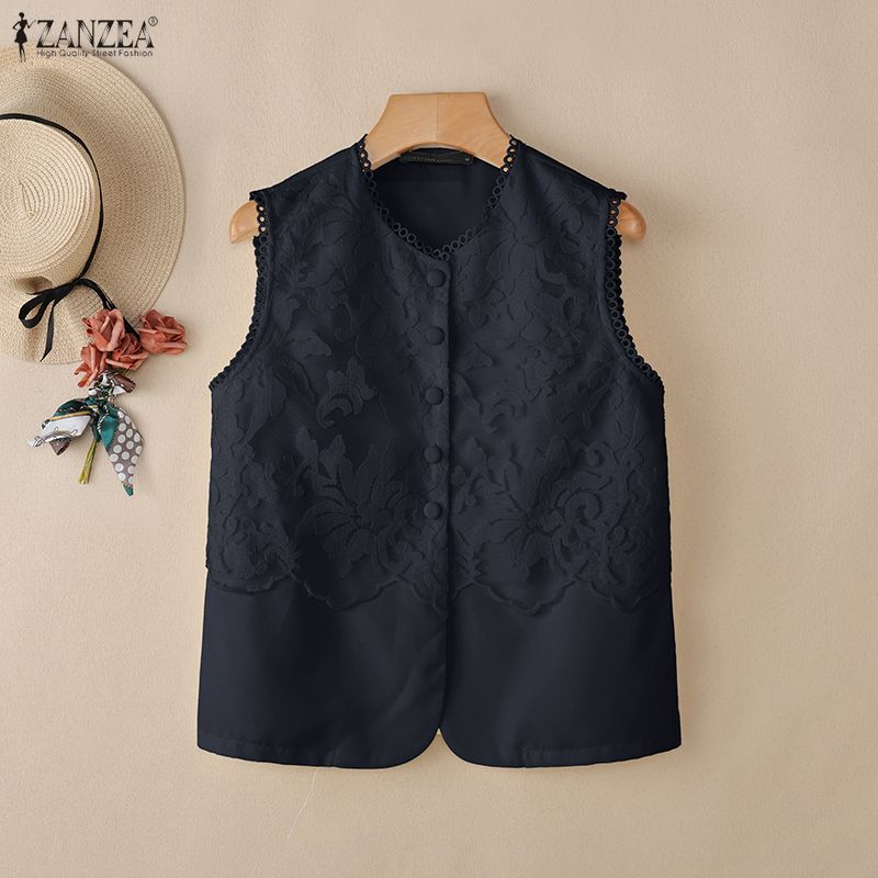 ZANZEA Women Sleeveless Lace Patchwork Thin Casual Tank Tops Vest Blouse