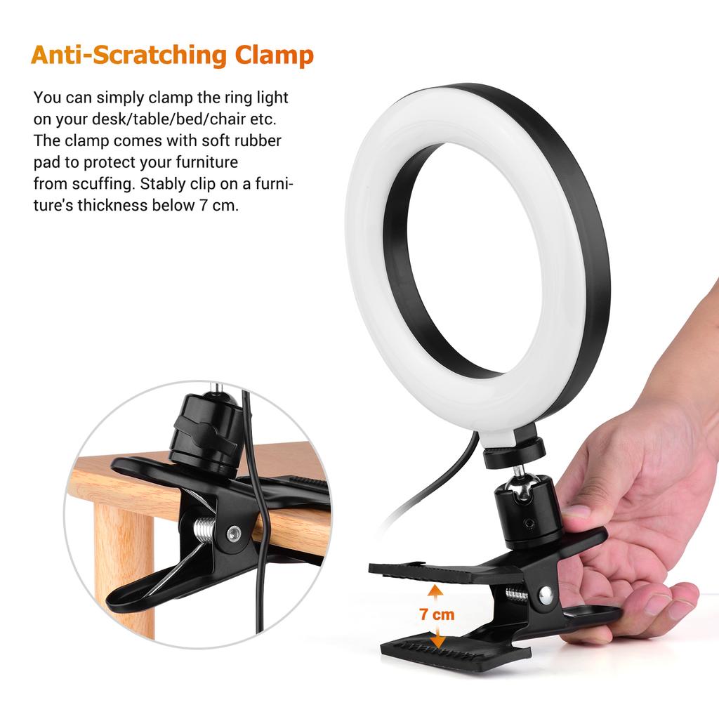 6.3 Inch 2700K-5500K Selfie Ring Video Light with Clamp Mount 3 Dimmable Colors 11 Brightness