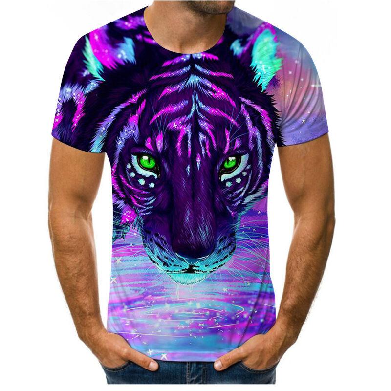 Summer New Style 3D Digital Print round Neck Short Sleeve T-Shirt Lion Tiger Pattern Men's Casual Top Quality Polyester V-Neck