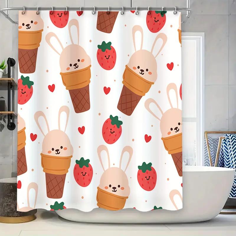 

Kawaii Bunny Strawberry Ice Cream Shower Curtain Modern Bathroom Decor for Kids Adults Cute White Fabric Hanging Rug in Bath Tub W90xH180cm