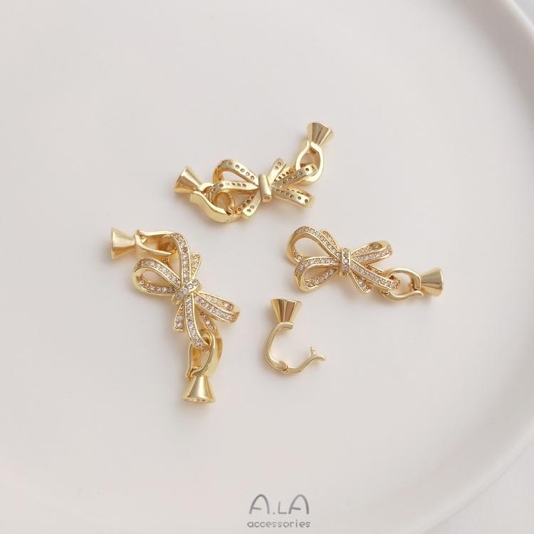 14K Gold-Filled Rose-Shaped Bow Zirconia Pearl Necklace Clasp Connector