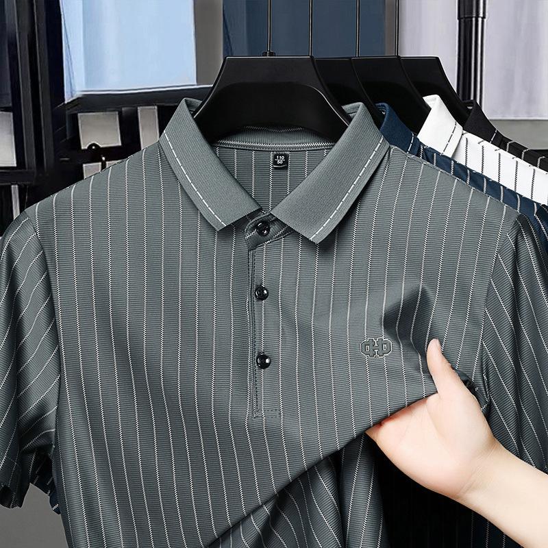 

Летняя Новинка Мужская Футболка с Коротким Рукавом Среднего и Молодого Возраста Вертикальная Полоска Рукав до Локтя Воротник Поло 4XL серый